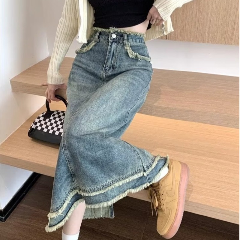 Denim suknja A-linije, midi duljine, denim tkanina, sadržaj poliestera ispod 30%, gradski svakodnevni stil