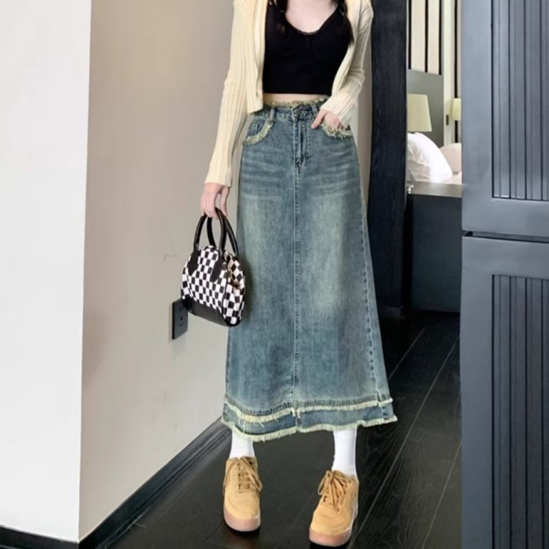 Denim suknja A-linije, midi duljine, denim tkanina, sadržaj poliestera ispod 30%, gradski svakodnevni stil