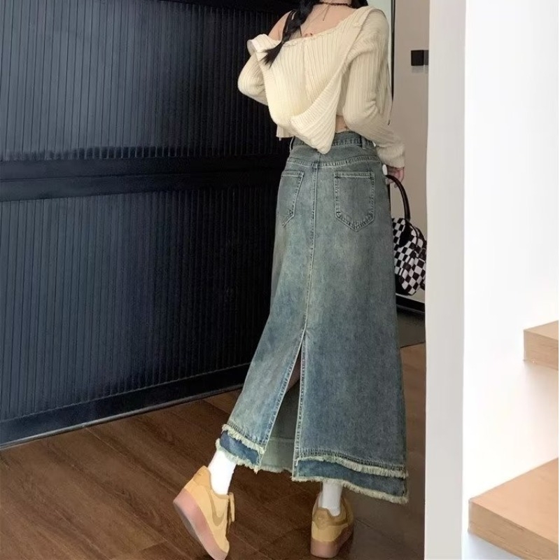 Denim suknja A-linije, midi duljine, denim tkanina, sadržaj poliestera ispod 30%, gradski svakodnevni stil