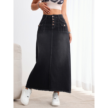 Τζιν ίσια φούστα, μεσαίου μήκους, μείγμα βισκόζης-πολυεστέρα, φινίρισμα με άκρες, στυλ δρόμου χιπστερ, άνοιξη 2025