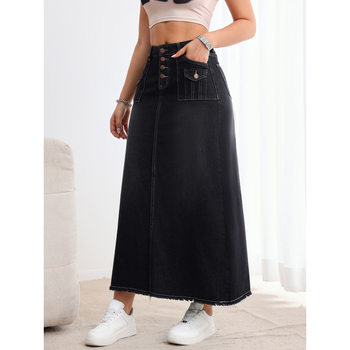 Τζιν ίσια φούστα, μεσαίου μήκους, μείγμα βισκόζης-πολυεστέρα, φινίρισμα με άκρες, στυλ δρόμου χιπστερ, άνοιξη 2025