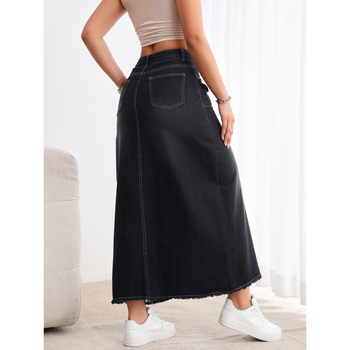 Τζιν ίσια φούστα, μεσαίου μήκους, μείγμα βισκόζης-πολυεστέρα, φινίρισμα με άκρες, στυλ δρόμου χιπστερ, άνοιξη 2025