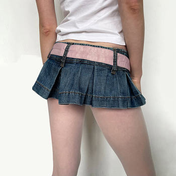 Деним мини пола с плисирана кройка, уличен хипстър стил, памук-еластанова смес, микроеластичност