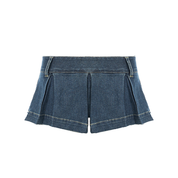 Деним мини пола с плисирана кройка, уличен хипстър стил, памук-еластанова смес, микроеластичност