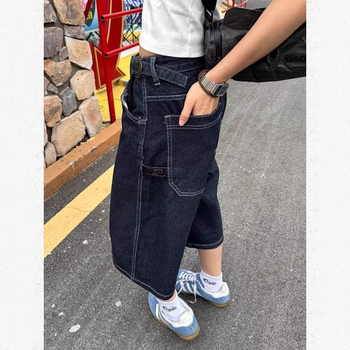 Uniszex denim cropped, egyenes szabású nadrág, micro-elasztikus, 55% poliészter, streetwear, nyár 2025