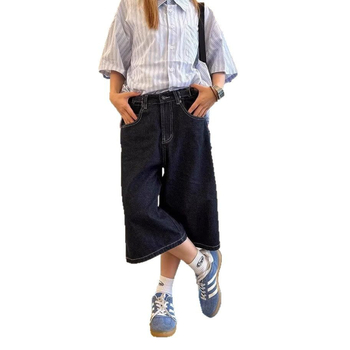 Uniszex denim cropped, egyenes szabású nadrág, micro-elasztikus, 55% poliészter, streetwear, nyár 2025