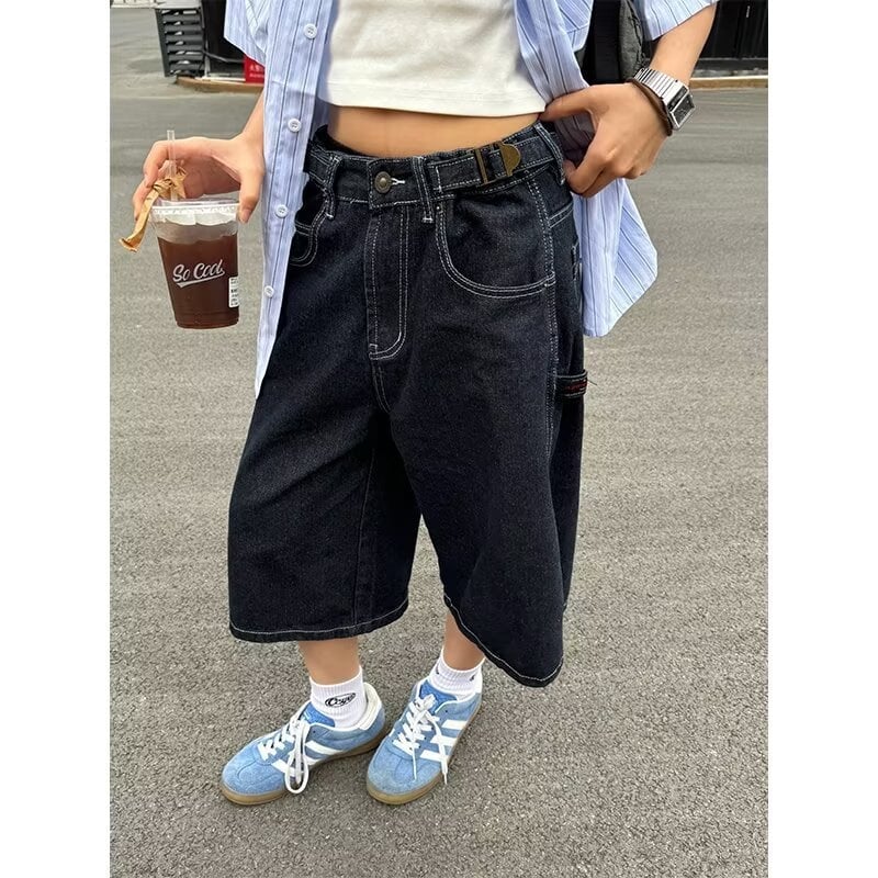Uniszex denim cropped, egyenes szabású nadrág, micro-elasztikus, 55% poliészter, streetwear, nyár 2025