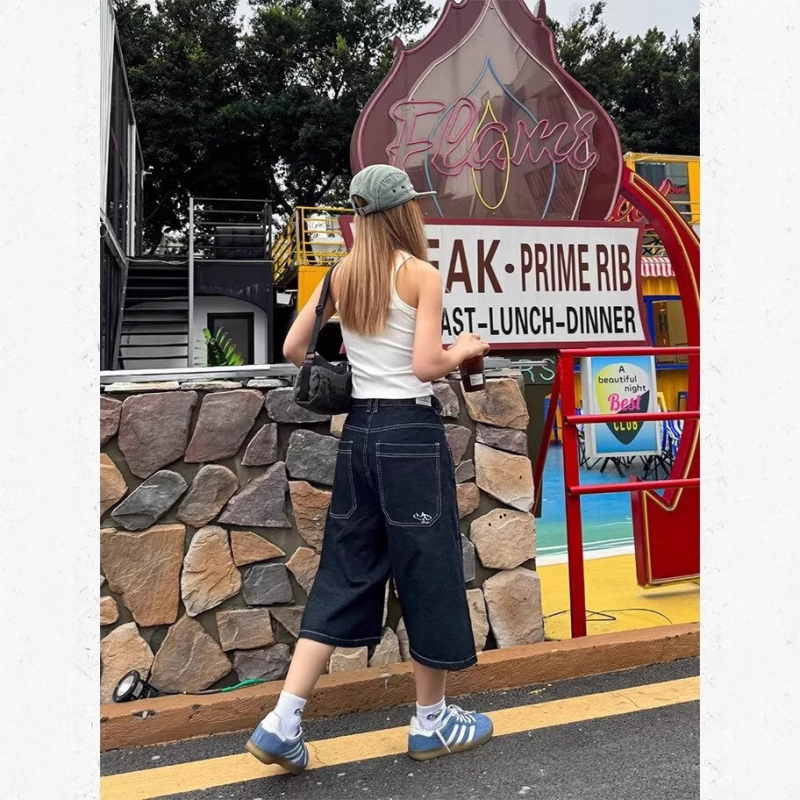 Uniszex denim cropped, egyenes szabású nadrág, micro-elasztikus, 55% poliészter, streetwear, nyár 2025