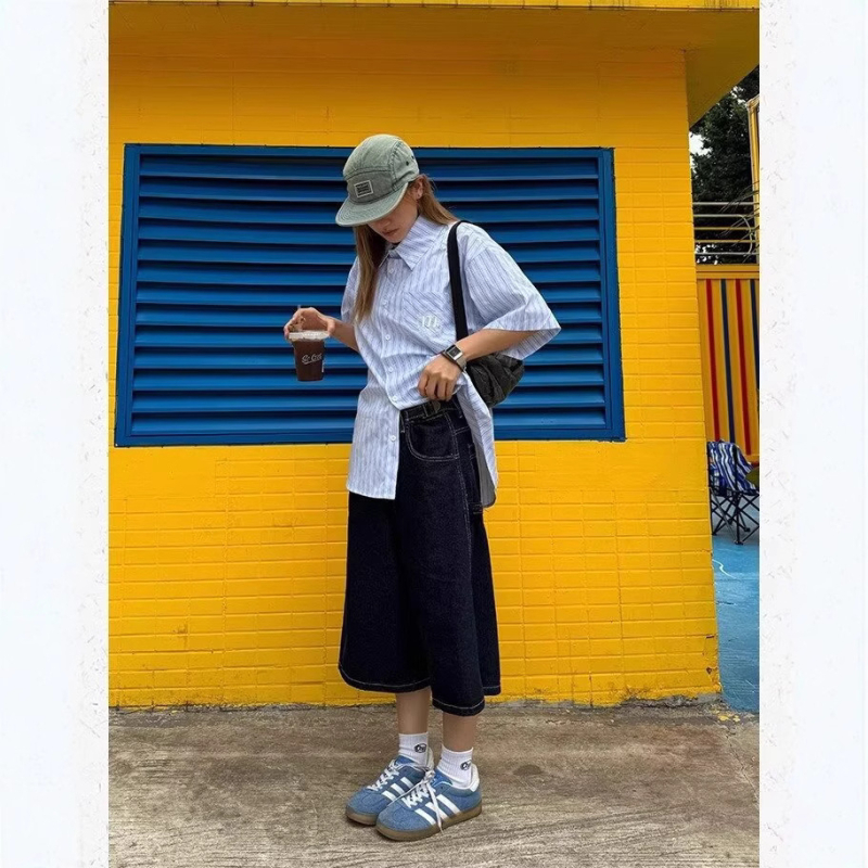 Uniszex denim cropped, egyenes szabású nadrág, micro-elasztikus, 55% poliészter, streetwear, nyár 2025