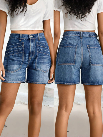 Džinsiniai šortai su vidutine talia, 3/4 ilgio, gatvės hipster stilius, medvilnė 50–70%.