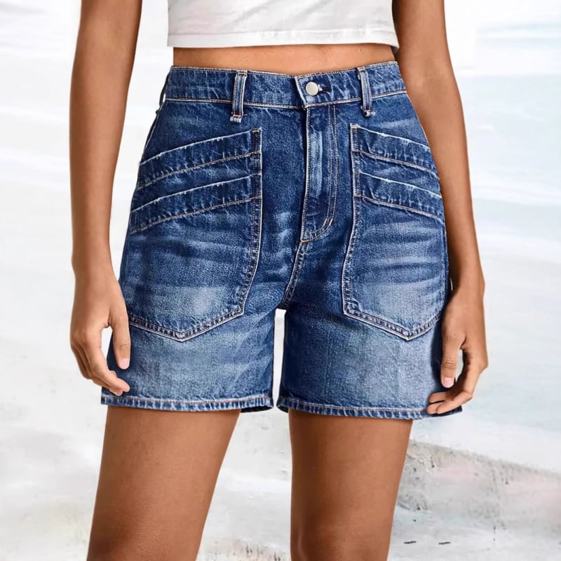 Džinsiniai šortai su vidutine talia, 3/4 ilgio, gatvės hipster stilius, medvilnė 50–70%.