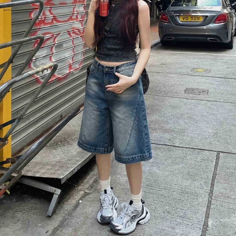 Pantaloni jeansi denim, croi larg, talie înaltă, lungime Capri, poliester 80-90%