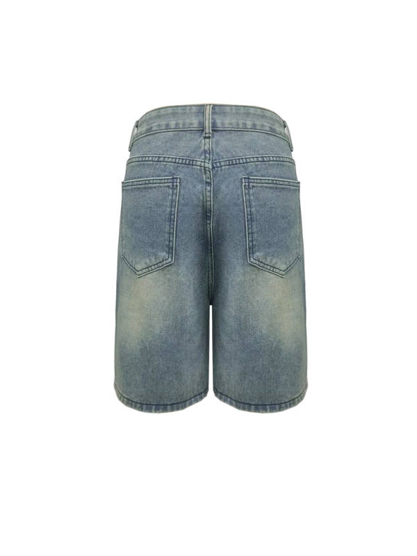 Ženski traper šorc s vintage distres stilom, srednji pojas, ravni kroj, duljina petbodna, pamuk-viskozni denim