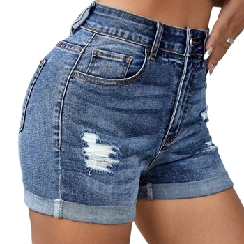 Șort denim damă cu textură ruptă, model în relief, finisaj spălat, talie medie, croială strânsă