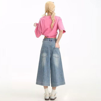 Džins hlače od denima s visokim strukom, širokim krojem, kratke nogavice, 70-80% pamuka