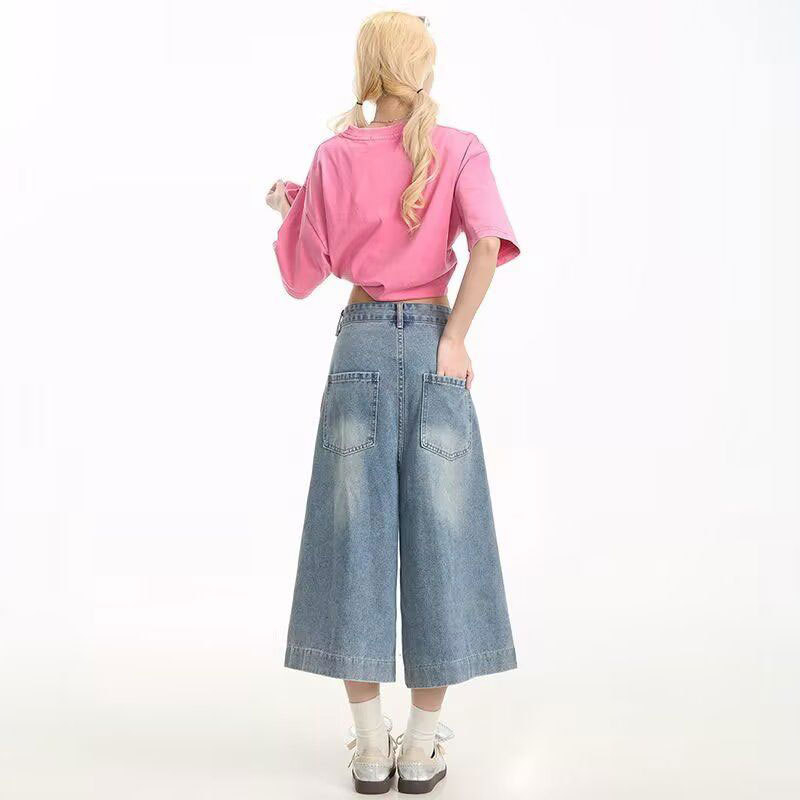 Džins hlače od denima s visokim strukom, širokim krojem, kratke nogavice, 70-80% pamuka