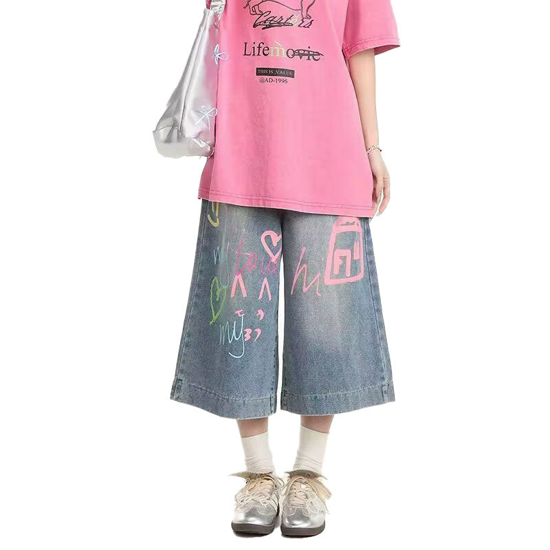 Džins hlače od denima s visokim strukom, širokim krojem, kratke nogavice, 70-80% pamuka