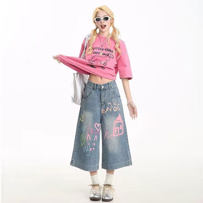 Džins hlače od denima s visokim strukom, širokim krojem, kratke nogavice, 70-80% pamuka