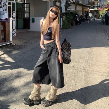Magas derekú, széles szárú farmernadrág, Capri hosszúságú, pamut 80–90% és poliészter, városi stílus, tavasz 2025