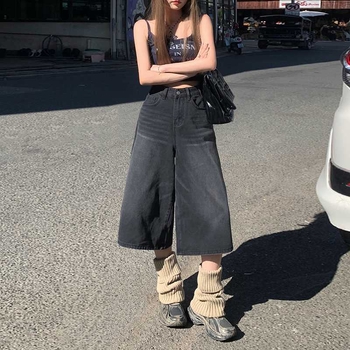 Magas derekú, széles szárú farmernadrág, Capri hosszúságú, pamut 80–90% és poliészter, városi stílus, tavasz 2025