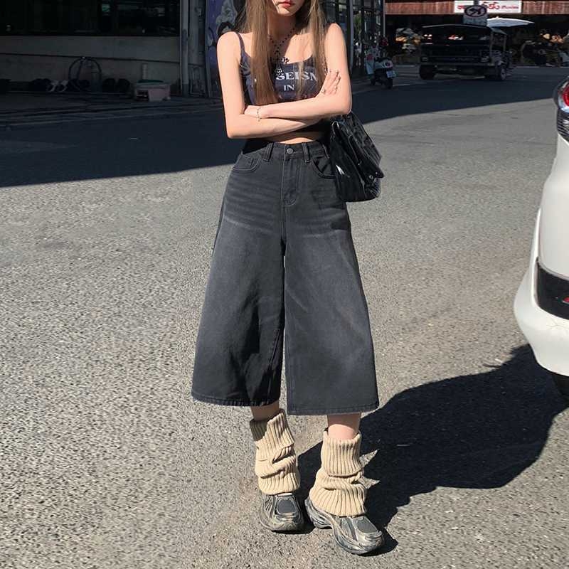 Magas derekú, széles szárú farmernadrág, Capri hosszúságú, pamut 80–90% és poliészter, városi stílus, tavasz 2025