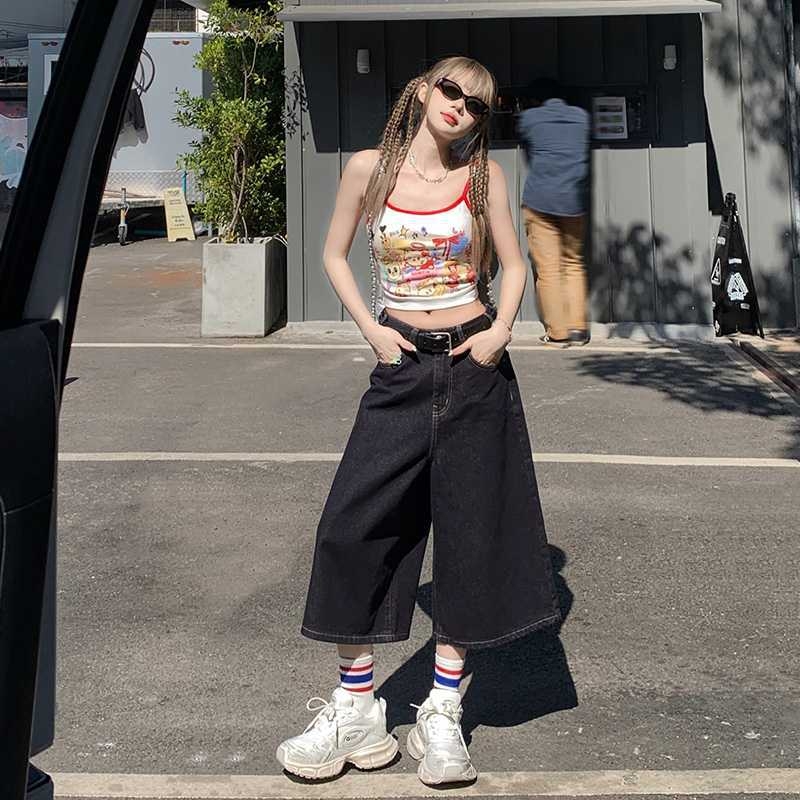 Magas derekú, széles szárú farmernadrág, Capri hosszúságú, pamut 80–90% és poliészter, városi stílus, tavasz 2025