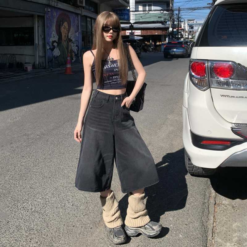 Magas derekú, széles szárú farmernadrág, Capri hosszúságú, pamut 80–90% és poliészter, városi stílus, tavasz 2025