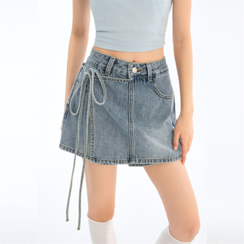 Șorturi denim cu șiret pentru femei, lungime trei sferturi, talie medie, croială lejeră, bumbac cu fibră de celuloză regenerată