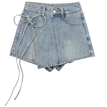Șorturi denim cu șiret pentru femei, lungime trei sferturi, talie medie, croială lejeră, bumbac cu fibră de celuloză regenerată