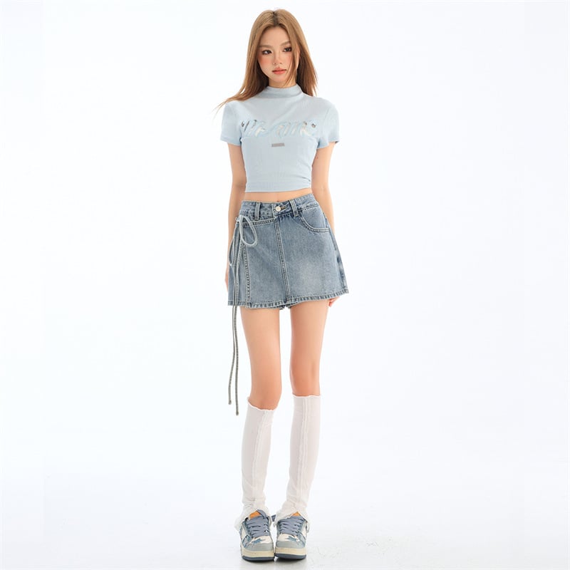 Șorturi denim cu șiret pentru femei, lungime trei sferturi, talie medie, croială lejeră, bumbac cu fibră de celuloză regenerată
