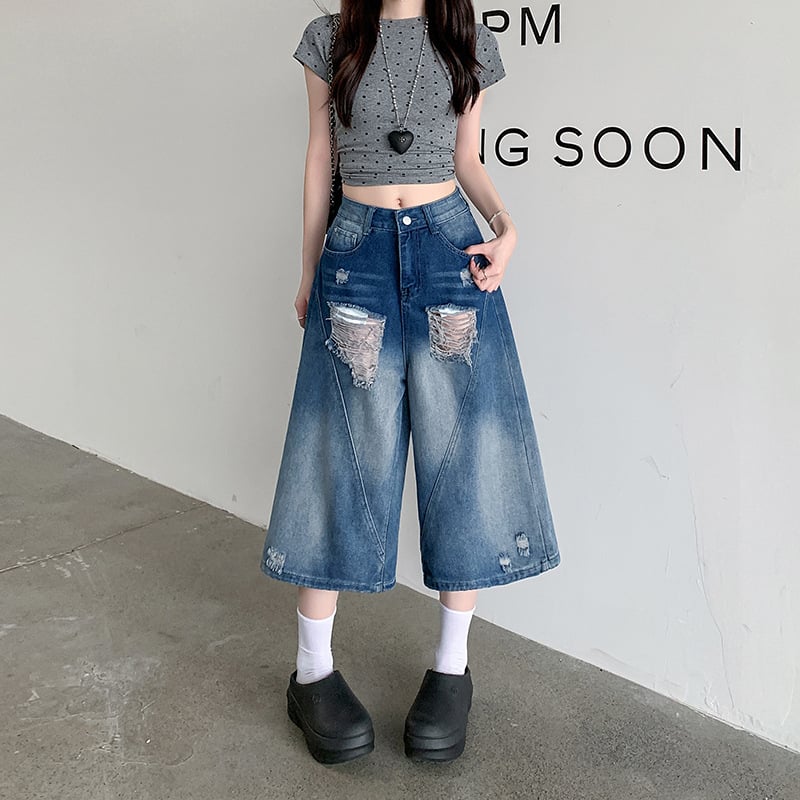 Traperice cropped sa širokim krojem, visokim strukom, distressed gradient wash, street hipster
