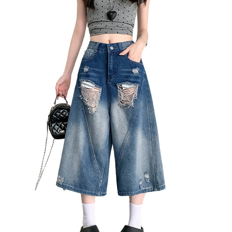 Traperice cropped sa širokim krojem, visokim strukom, distressed gradient wash, street hipster