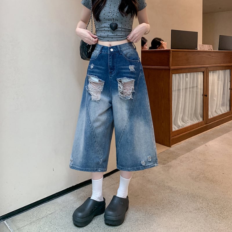 Traperice cropped sa širokim krojem, visokim strukom, distressed gradient wash, street hipster