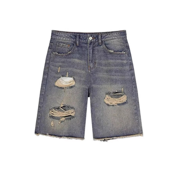 Szakított farmernadrág, magas derekú, elasztikus denim, egyenes szabás, közepes hossz — nyár 2025 kiadás