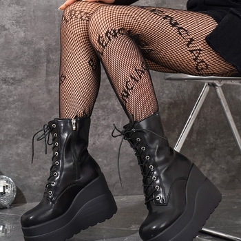 Ботуши Мартин за жени, над коляното, с предни връзки, PU горна част, квадратен нос