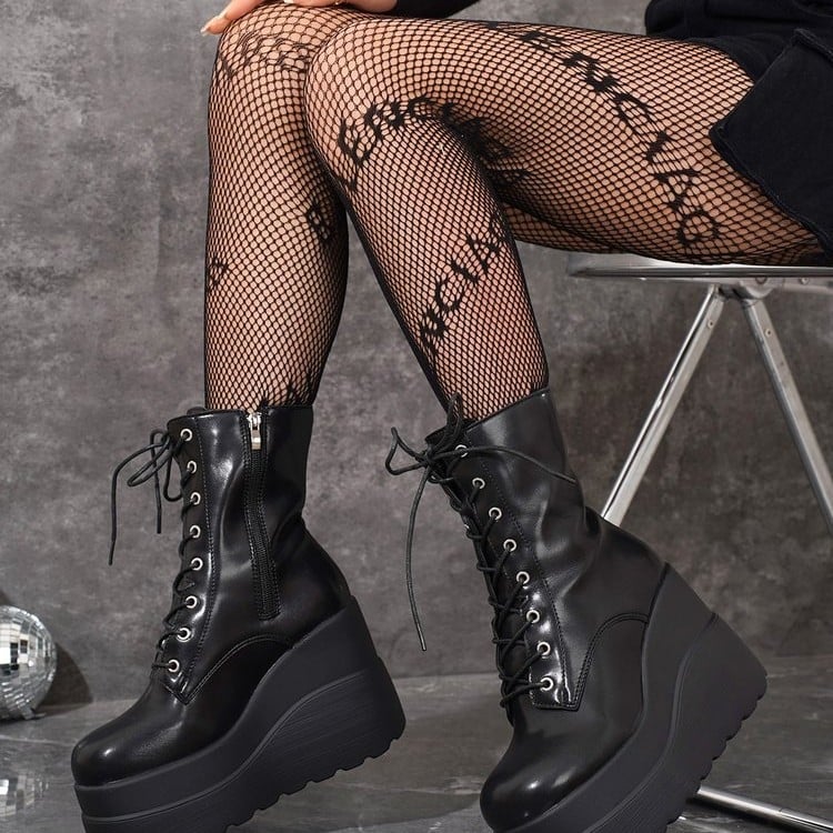 Ботуши Мартин за жени, над коляното, с предни връзки, PU горна част, квадратен нос