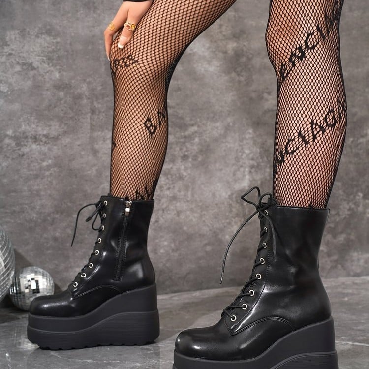 Ботуши Мартин за жени, над коляното, с предни връзки, PU горна част, квадратен нос