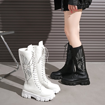 Ženske izšivane Martin čizme s visokim nadkoljenim, PU gornji dio, gumeni potplat, bočni zatvarač