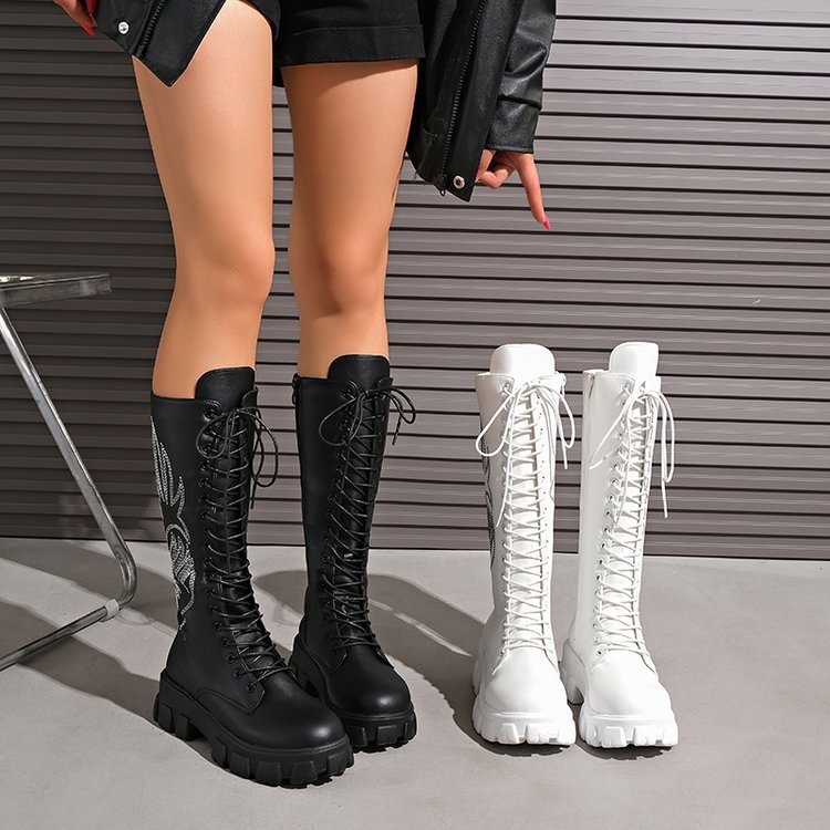 Ženske izšivane Martin čizme s visokim nadkoljenim, PU gornji dio, gumeni potplat, bočni zatvarač