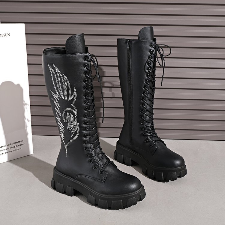 Ženske izšivane Martin čizme s visokim nadkoljenim, PU gornji dio, gumeni potplat, bočni zatvarač