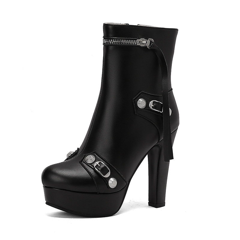 Дамски ботуши от PU горна част, гума подметка, дебел ток над 8 см, кръгъл нос, страничен цип, подходящи за зимата, пролетта и есента