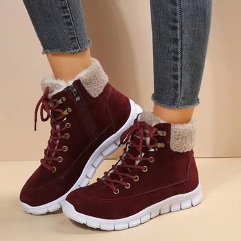 Γυναικείες χειμερινές μπότες χιονιού, ψηλό ύψος με κορδόνια και πλαϊνό φερμουάρ, άνω μέρος από συνθετικό δέρμα, σόλα από καουτσούκ, επένδυση από τεχνητό βελούδο, πάτος από τεχνητή μαλλί