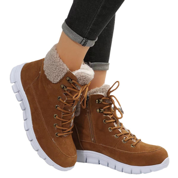 Γυναικείες χειμερινές μπότες χιονιού, ψηλό ύψος με κορδόνια και πλαϊνό φερμουάρ, άνω μέρος από συνθετικό δέρμα, σόλα από καουτσούκ, επένδυση από τεχνητό βελούδο, πάτος από τεχνητή μαλλί