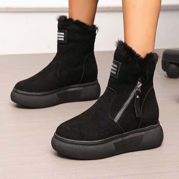 Γυναικείες χειμερινές μπότες από σουέτ με φαρδιά πλατφόρμα – στρογγυλή μύτη, επένδυση από συνθετικό γούνι, πλαϊνό φερμουάρ, καουτσούκ σόλα