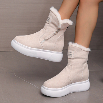Γυναικείες χειμερινές μπότες από σουέτ με φαρδιά πλατφόρμα – στρογγυλή μύτη, επένδυση από συνθετικό γούνι, πλαϊνό φερμουάρ, καουτσούκ σόλα