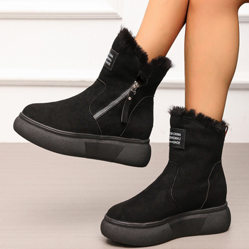 Γυναικείες χειμερινές μπότες από σουέτ με φαρδιά πλατφόρμα – στρογγυλή μύτη, επένδυση από συνθετικό γούνι, πλαϊνό φερμουάρ, καουτσούκ σόλα