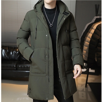 Ανδρικό βαμβακερό παλτό με επένδυση, κουκούλα, μεσαίου μήκους, φερμουάρ, παχύ χειμερινό, τσέπες τύπου patch