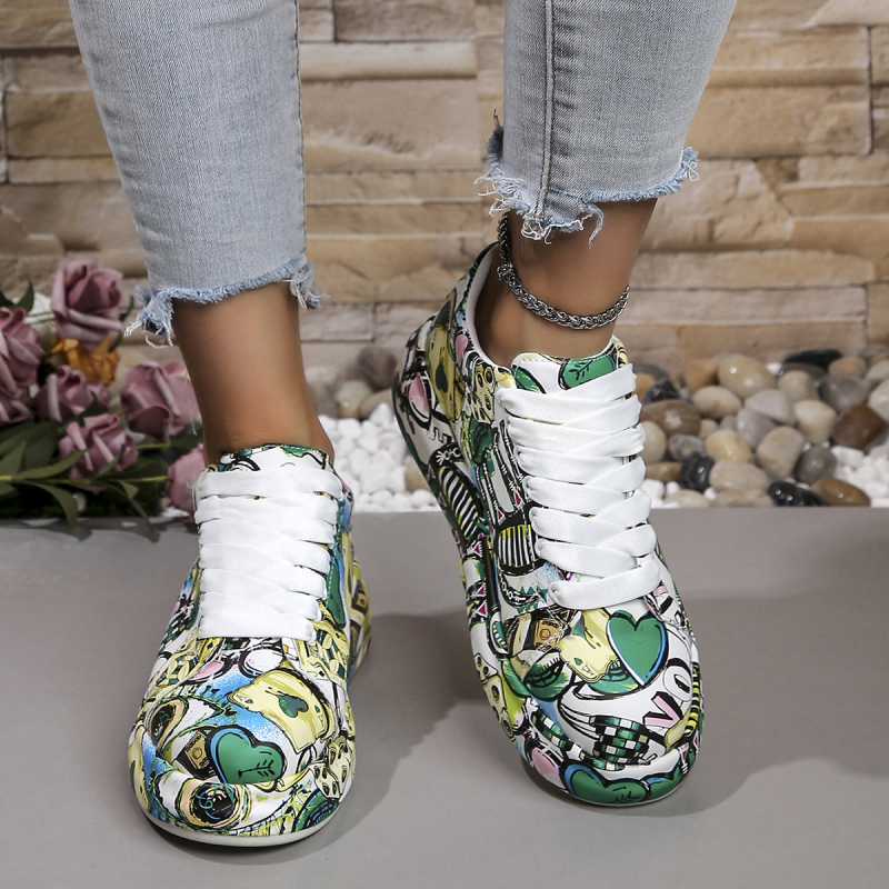 Sneaker cu imprimeu graffiti, partea superioară din PU, vârf rotund, talpă din cauciuc, înălțime călcâi 3-5 cm