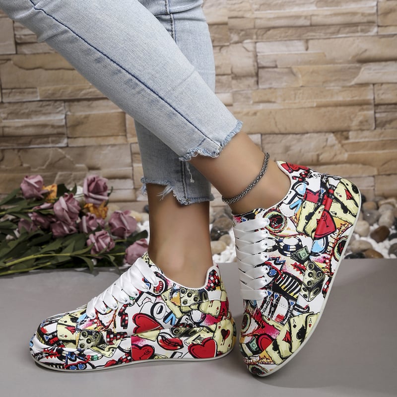 Sneaker cu imprimeu graffiti, partea superioară din PU, vârf rotund, talpă din cauciuc, înălțime călcâi 3-5 cm