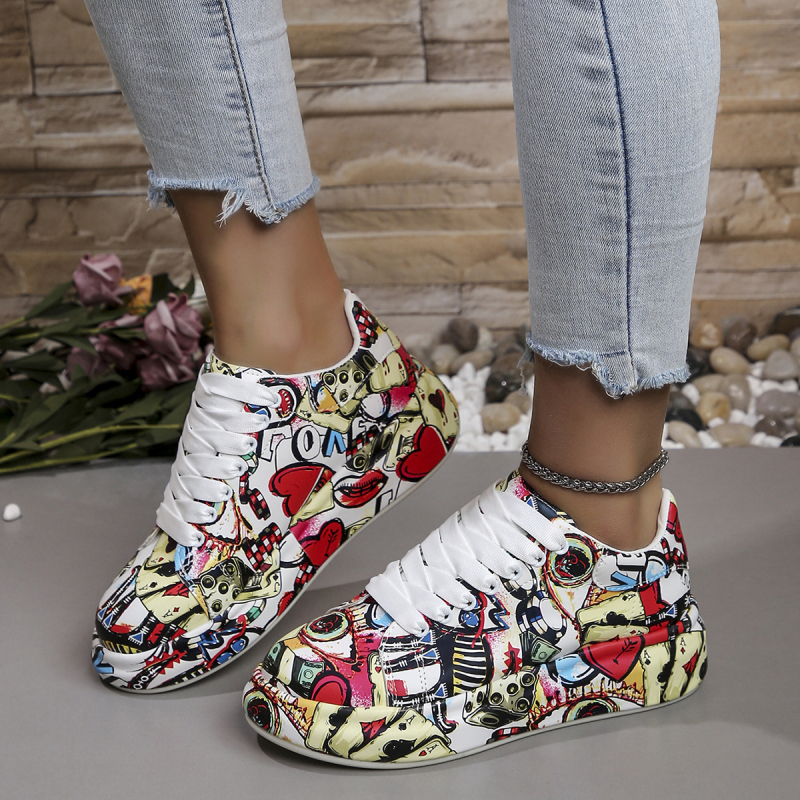 Sneaker cu imprimeu graffiti, partea superioară din PU, vârf rotund, talpă din cauciuc, înălțime călcâi 3-5 cm